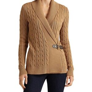 Ralph Lauren Camel Cable Knit Shawl Collar Buckle Cardigan XL size